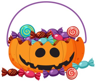 A halloween pumpkin basket with candy illustration