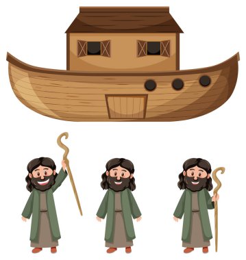 Noahs Ark and cartoon character set illustration