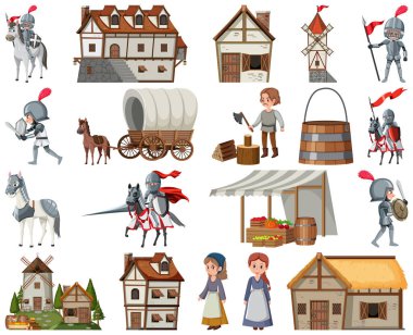 Medieval cartoon characters and objects illustration