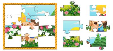 Girl and Dog Photo Jigsaw Puzzle Game Template illustration