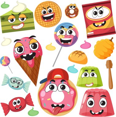Sweet dessert cartoon characters set illustration