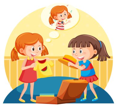 Happy girl choosing clothes for singing illustration