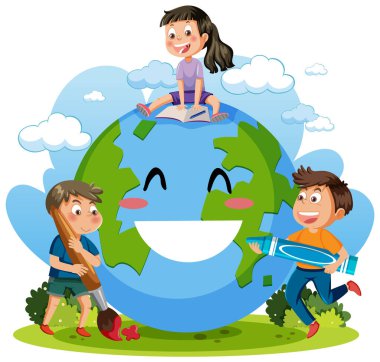 Smile earth globe with cartoon character illustration
