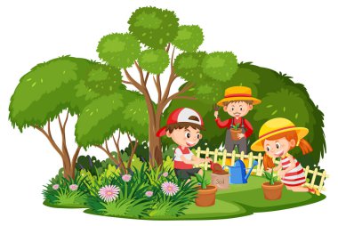 Parkta bahçıvanlık yapan mutlu insanlar.