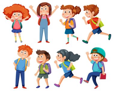 School kids cartoon characters set illustration