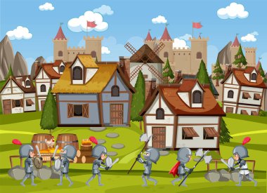 Medieval village scene castle background illustration