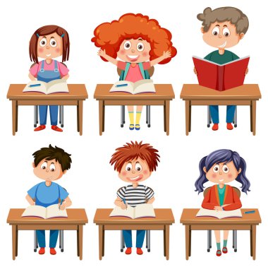Student kids on the tables set illustration