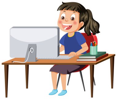 A girl sitting in front of computer illustration