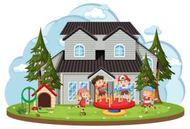 Children playing infront of house playground illustration