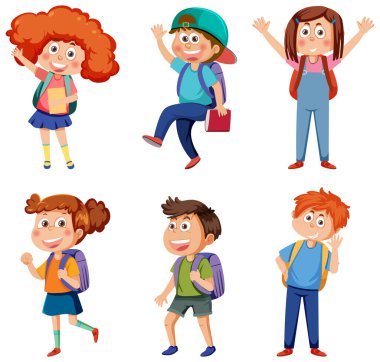 School kids cartoon characters set illustration