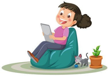 A girl using tablet for learning online illustration