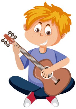 Happy boy playing guitar cartoon character illustration