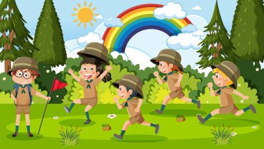 Children camping out forest scene illustration