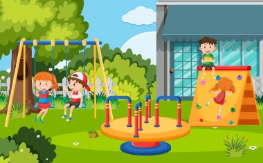 Children playing in front of school playground illustration
