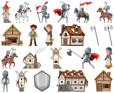 Medieval cartoon characters and objects illustration