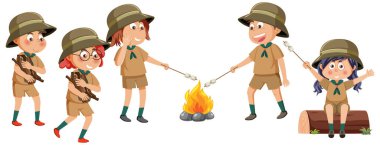 Scout kids cartoon characters around bonfire illustration