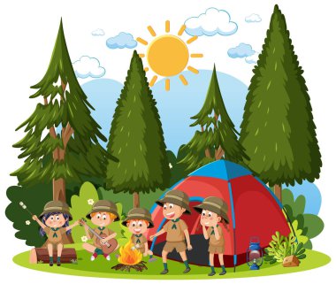 Children camping out at the forest illustration