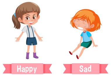 Opposite English Words happy and sad illustration