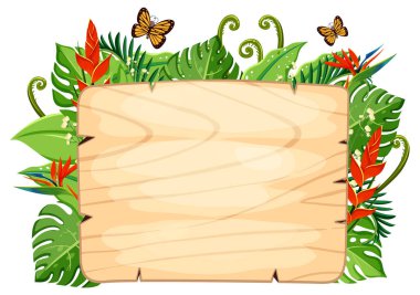 Nature frame wooden board with leaves and flowers illustration