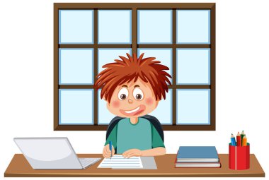 A boy sitting in front of laptop illustration