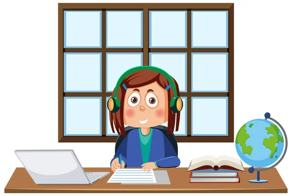 Girl Sitting Front Computer Illustration — Stock Vector