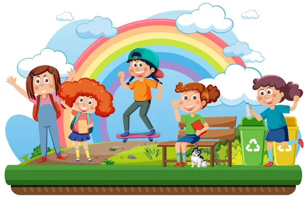 Happy Children Rainbow Sky Illustration — Vector de stock