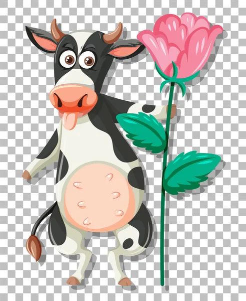 Cow Holding Pink Flower Illustration — Stock Vector