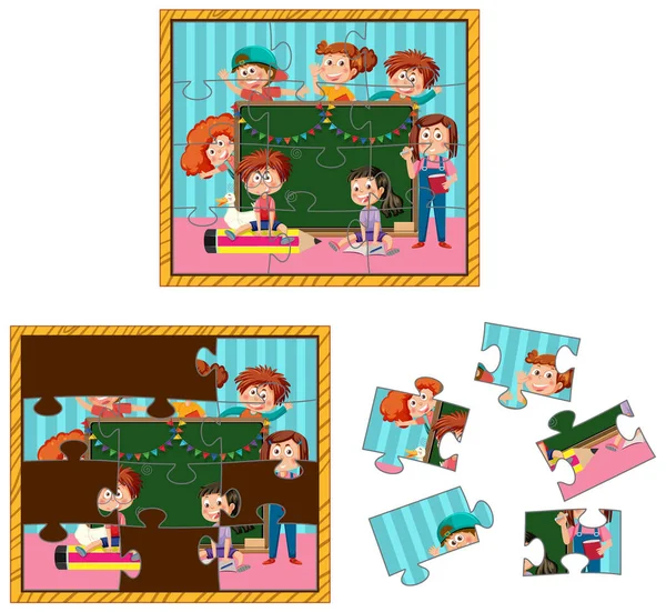 School Kids Photo Puzzle Game Illustration — Stock vektor