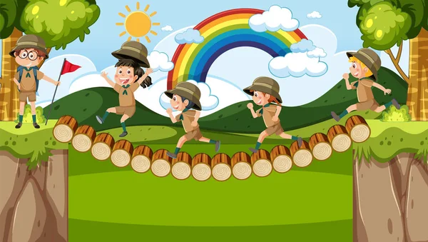 Children camping out forest scene illustration