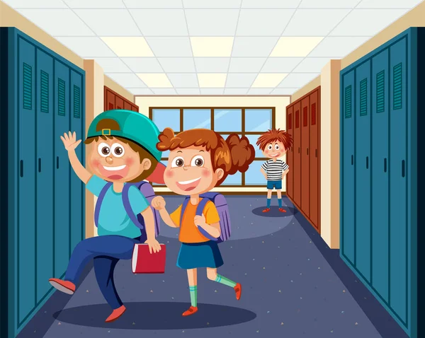 Locker Escena Habitación Con Escuela Niños Ilustración — Vector de stock