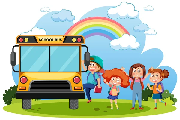 School Bus Students Cartoon Illustration — ストックベクタ