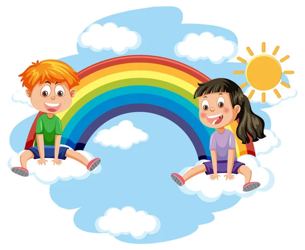 Two Kids Sitting Cloud Rainbow Illustration — Wektor stockowy
