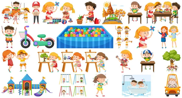 Set Anak Anak Yang Melakukan Berbagai Kegiatan Ilustrasi - Stok Vektor