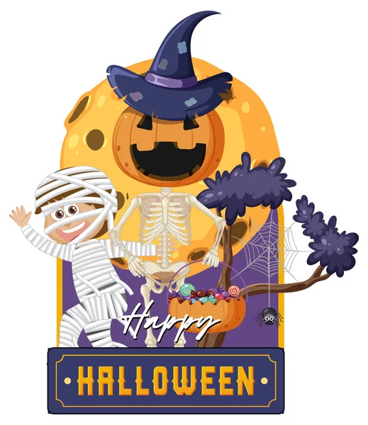 Happy Halloween Text Logo Cartoon Character Illustration — 스톡 벡터