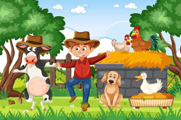 Feliz Agricultor Com Animais Ilustração Fazenda —  Vetores de Stock