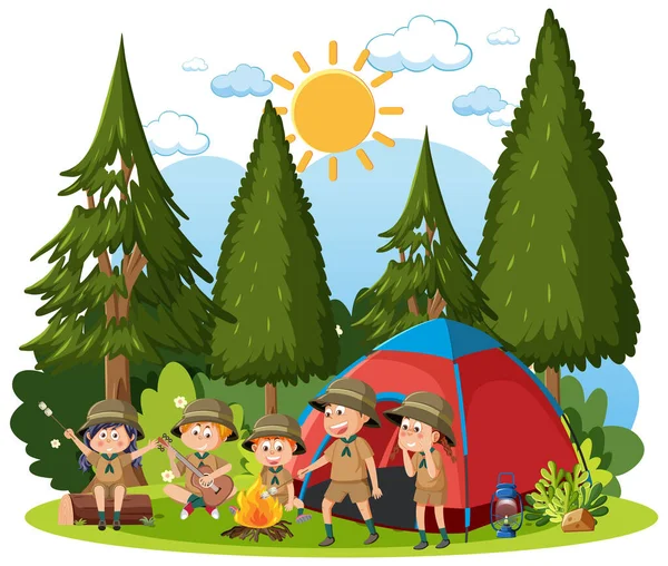 Children Camping Out Forest Illustration — стоковый вектор