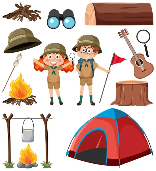 Camping Objects Cartoon Character Set Illustration —  Vetores de Stock