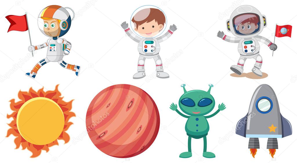 Set of space cartoon characters and objects illustration