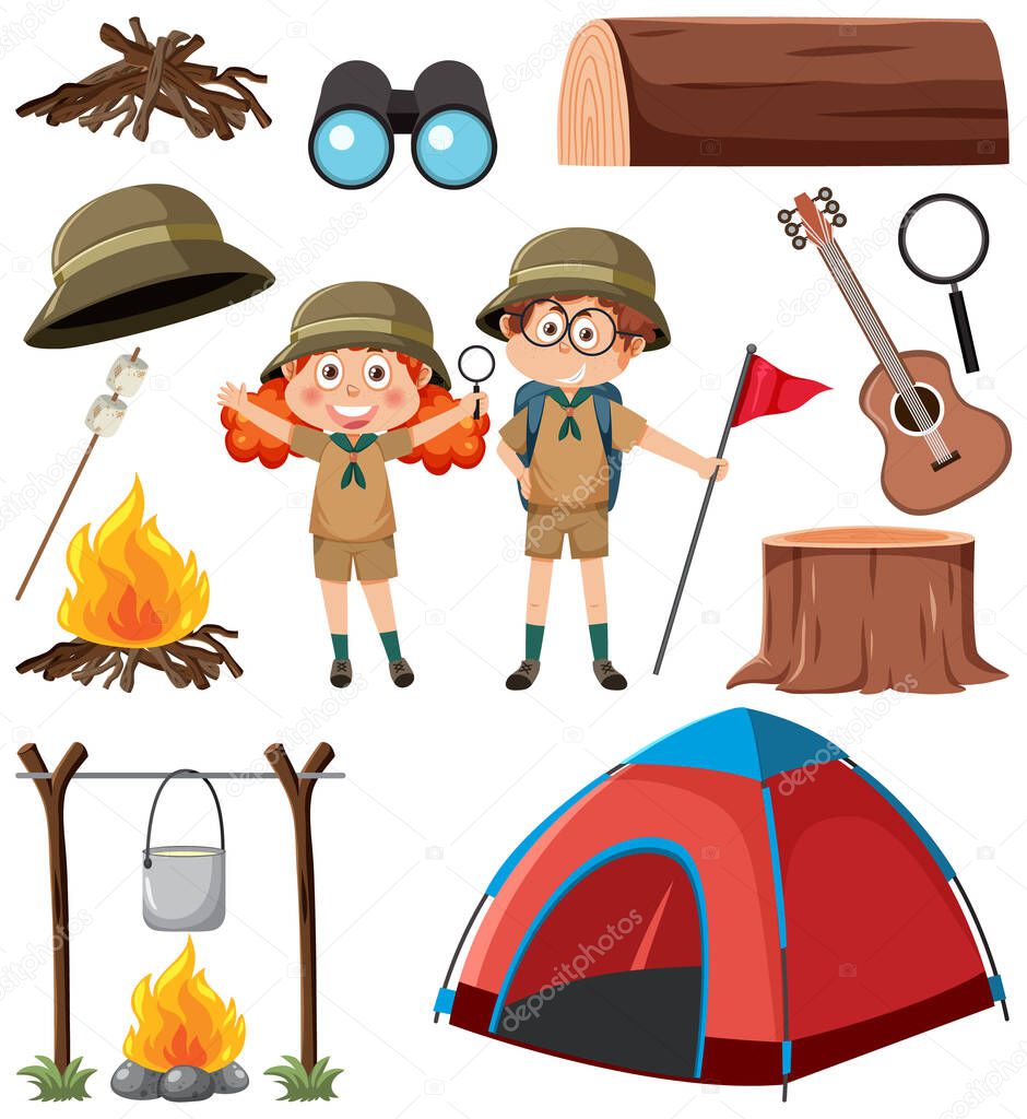 Camping objects and cartoon character set illustration
