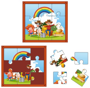Farm characters photo puzzle game template illustration