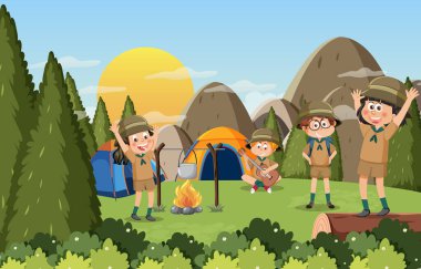 Children camping out forest scene illustration