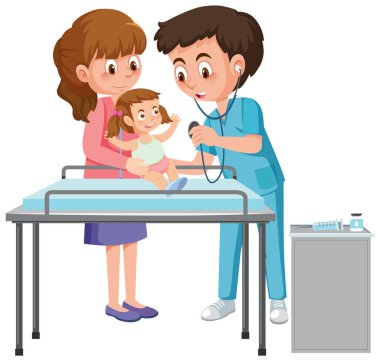 Bebek illüstrasyonunu inceleyen çocuk doktoru