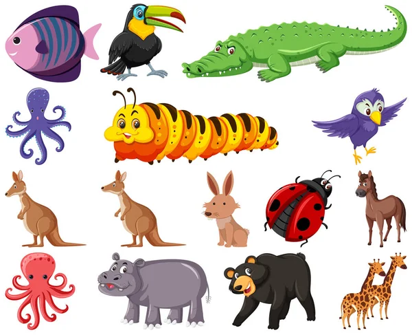 Set Various Animals Cartoon Illustration — Stok Vektör