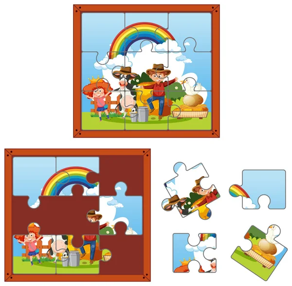Farm Characters Photo Puzzle Game Template Illustration — Stock vektor
