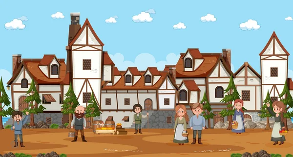 Ancient Medieval Village Background Illustration — Vetor de Stock