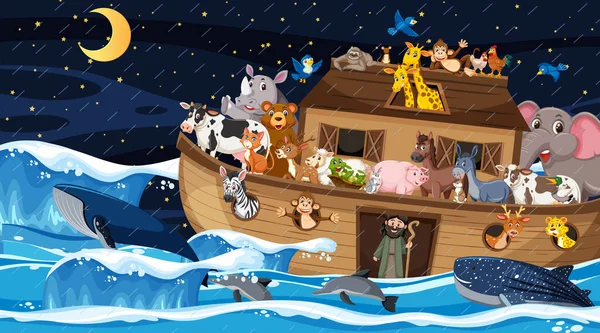 Ocean Scene Noah Ark Animals Illustration — Stok Vektör