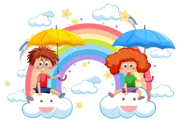 Niños Sentados Las Nubes Con Arco Iris Cielo Ilustración — Archivo Imágenes Vectoriales