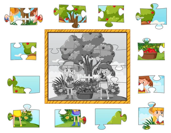 Children Photo Jigsaw Puzzle Game Template Illustration — Stok Vektör