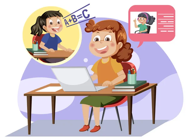 Girl Doing Homework Laptop Illustration — Stock Vector