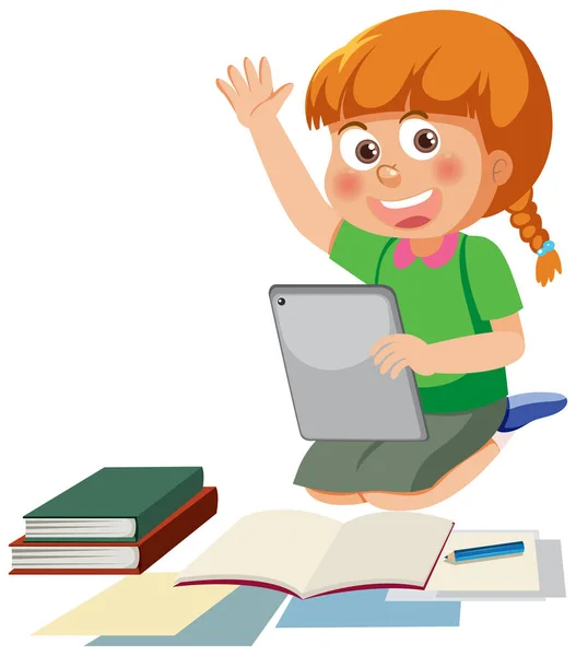 Girl Using Tablet Learning Online Illustration — Archivo Imágenes Vectoriales